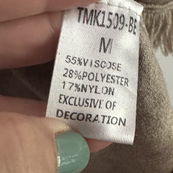 THML Knit Top Sweater M Fringe Trim Tan Pullover Boat Neck Rainbow Stripe Cuff - Picture 6 of 9